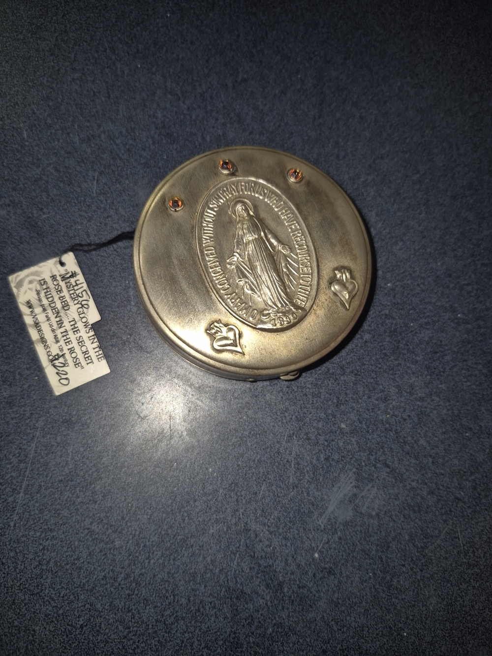 Vintage Silver Tone Religious Compact Mirror - Silver